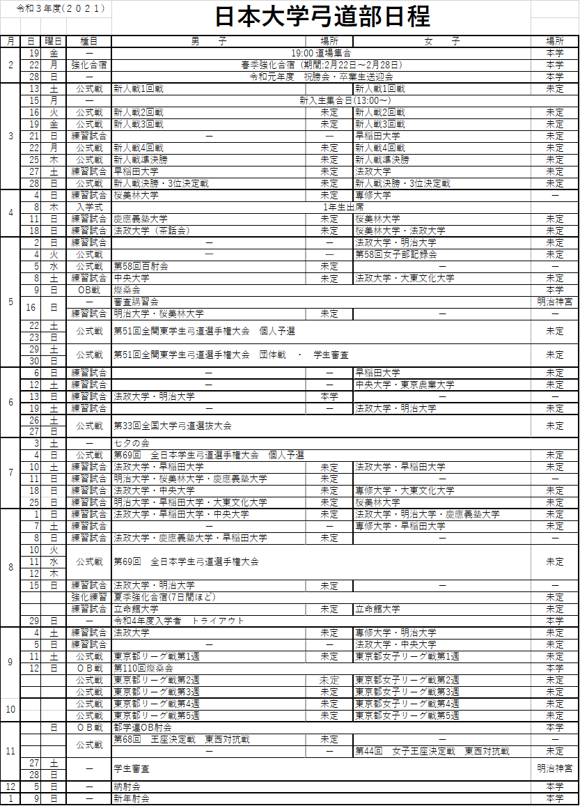 年間予定 日本大学弓道部