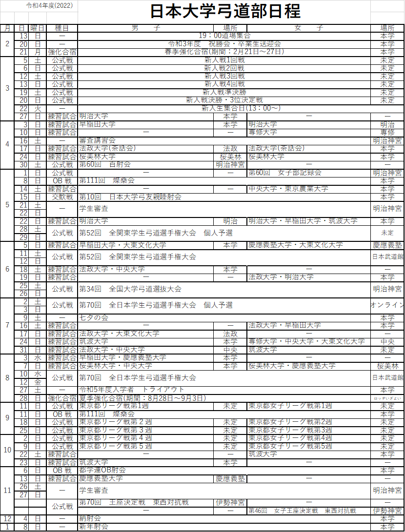 年間予定 日本大学弓道部